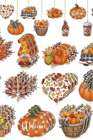 36 Pcs Fall Ornaments for Tree Fall Thanksgiving Tree Decorations Gnomes Wooden Hanging Ornaments Pumpkins Leaves Flowers Cutouts Autumn Decoration for Holiday Party Supply (Fresh Style)