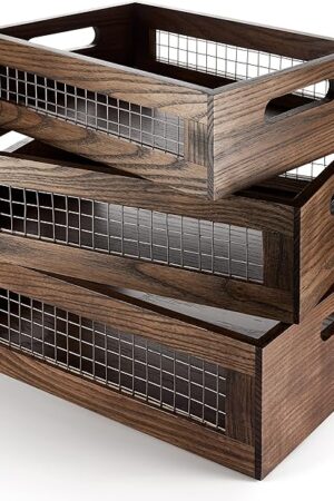 Wooden Nesting Countertop Baskets Set of 3 for Kitchen, Bathroom, Pantry|Wall Mount Upgrade with Full Accessories|Wooden storage organizer For Fruit, Vegetables, Produce, Bread|Wooden Crate with handles|Decorative Walnut Wood and Metal Wire
