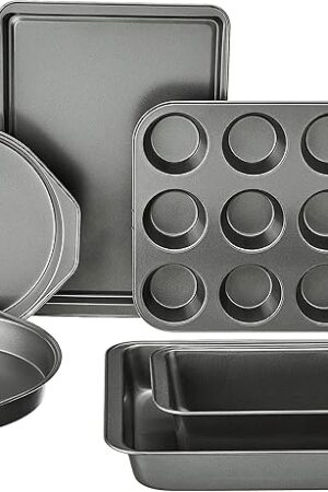 Amazon Basics 6 Piece Nonstick, Carbon Steel Oven Safe Bakeware Set with Cake, Muffin, Cookie, and Loaf Pans, 6 Piece, 16.25 x 11.75 x 6.25 inches