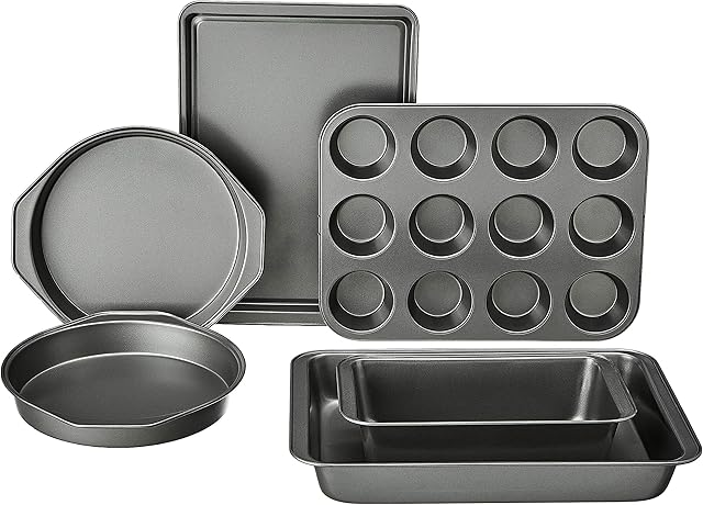 Amazon Basics 6 Piece Nonstick, Carbon Steel Oven Safe Bakeware Set with Cake, Muffin, Cookie, and Loaf Pans, 6 Piece, 16.25 x 11.75 x 6.25 inches