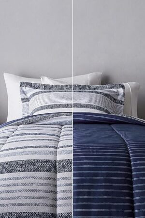 Amazon Basics Twin/Twin XL Size Comforter Sets, Ultra-Soft Lightweight Microfiber Reversible 2-Piece Bedding, Blue Denim/Beige Stripes, Striped