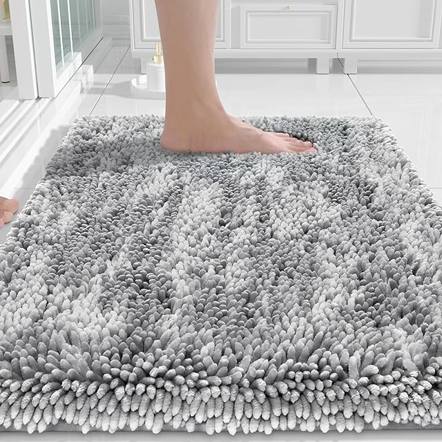 Yimobra Chenille Bathroom Rugs Non Slip, Extra Thick Soft Absorbent Bath Rug 24x17 Inch, Machine Washable Quick Dry Bath Mat for Bathroom Floor, Tub and Shower, Home Decor Accessories, Light Grey