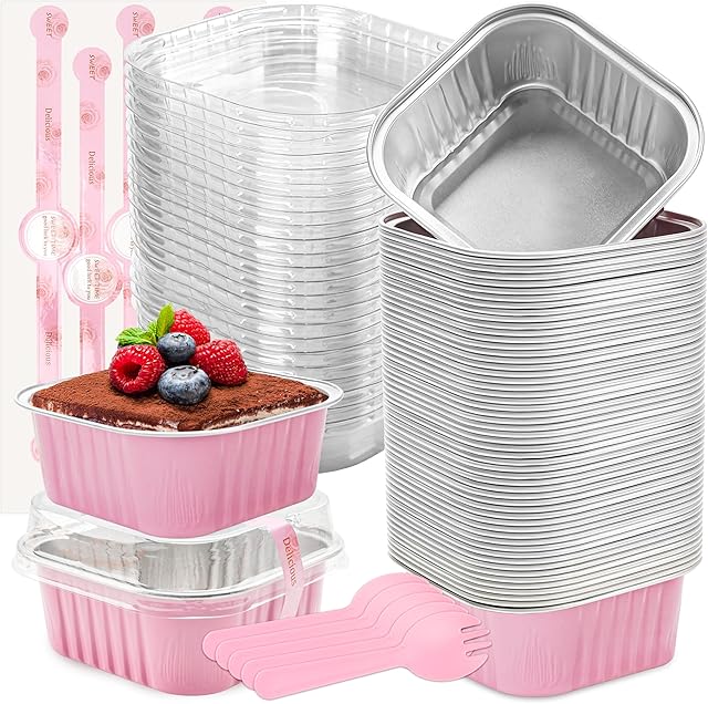 50 Pack Mini Cake Pans with Lids and Spoons Small Aluminum Foil Pans Square Baking Cups Disposable Ramekins Cupcake Liners for Brownie Pie (Pink, 5 oz)