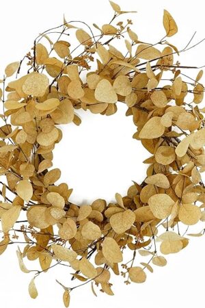 20 inch Artificial Fall Eucalyptus Wreath for Front Door with Beige Eucalyptus Leaves,Dry Vine Branches,Seed Branches for Front Door Indoor Outdoor Farmhouse Home Wall Window Festival Decor