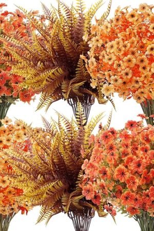 20 Bundles Artificial Fall Flowers for Outdoors Decoration, Fake Mums Silk Daisy Faux Plastic Plants Boston Fern UV Resistant for Autumn Thanksgiving Garden Planters Home Decor, Mixed Orange