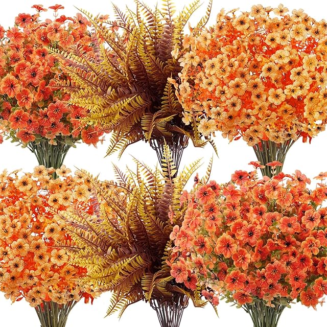 20 Bundles Artificial Fall Flowers for Outdoors Decoration, Fake Mums Silk Daisy Faux Plastic Plants Boston Fern UV Resistant for Autumn Thanksgiving Garden Planters Home Decor, Mixed Orange