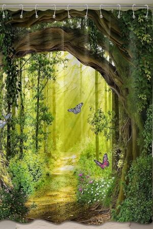 Enchanted Forest Shower Curtains for Bathroom Green Tree Nature Spring Summer Scenic Bath Decor Sets, Waterproof Cloth Fabric with Hooks 70x72 inch