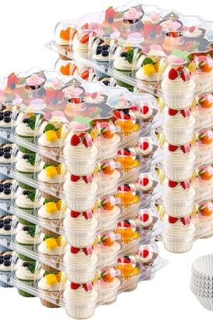24 Count Cupcake Containers 10 Pack Cupcake Holders Plastic Stackable Cupcake Boxes with Detachable Tall Dome Lids and 240 Liners for 240 Cupcakes, BPA Free, Standard Size