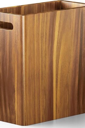 BLUEWEST 2.6 Gallons Wooden Wastebaskets – Solid Acacia Wood Trash Can with Handles, Rectangular Bin for Bathroom, Bedroom, Kitchen, Office – Brown Decorative Basket for Living Room or Under Counter