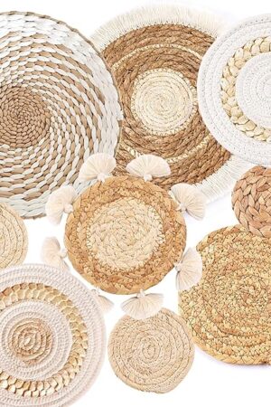 9 Pack Boho Wall Basket Set, hanging Woven Wall Basket Decor, Seagrass Rattan Wicker Boho Wall Decor, Eco-Friendly Round Wall Art for Farmhouse Bedroom Living Room Display Table Settings Kitchen Home