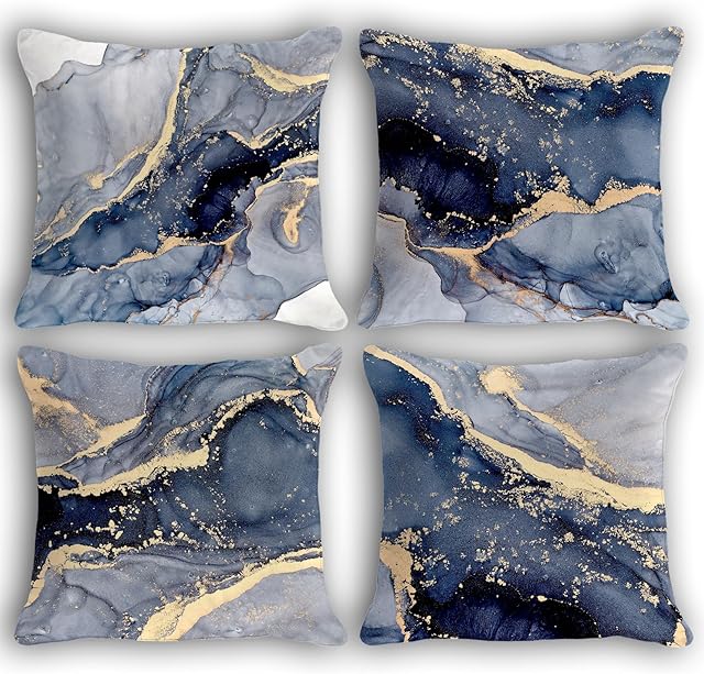 OGILRE Blue and Gold Pillow Covers, Modern Abstract Marble Texture Blue Gold Print Art Home Bedroom Decorations Soft Throw Pillow Cover, 18x18 Pillow Cover Set of 4,Couch Decorative Pillow Cases