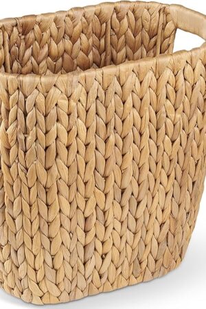 BLUEWEST 3.5 Gallons Wicker Trash Can, Wicker Rattan Bathroom Trash Can with Built-in Handle, Large Handwoven Hyacinth Waste Bin for Office, Bedroom, Living Room, and Kitchen