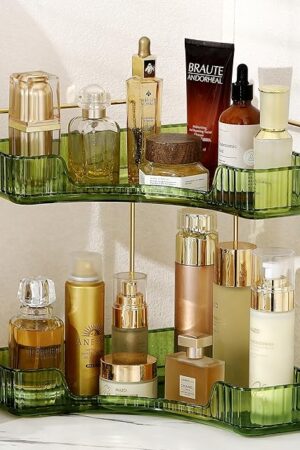 Corner Bathroom Counter Organizer Bathroom Countertop Shelf Makeup Organizer for Vanity Perfume Tray for Corner Storage (2 Tiers, Green)