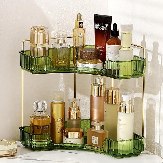 Corner Bathroom Counter Organizer Bathroom Countertop Shelf Makeup Organizer for Vanity Perfume Tray for Corner Storage (2 Tiers, Green)
