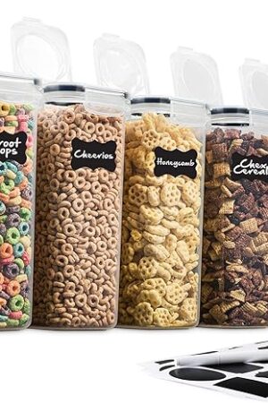 6 Pack Airtight Cereal Food Storage Container - BPA Free Plastic Kitchen and Pantry Organization Canisters for, Dry Pet Food, Flour, Sugar, Rice, Nuts, Snacks & More (135.5 Oz) Labels & Chalk Marker