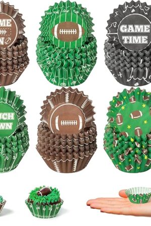 COcnny Football Mini Cupcake Liners - 600pcs Football Themed Mini Baking Cups Muffin Cupcakes Wrappers, Rugby Sport Paper Cake Wrap Making Supplies for Game Day Post-match Celebration Party (6 Styles)