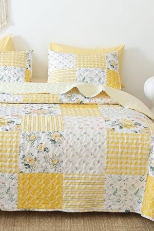 YIKUSH Quilt Sets Queen Size Floral 3 Pieces Yellow 90in.x 90in