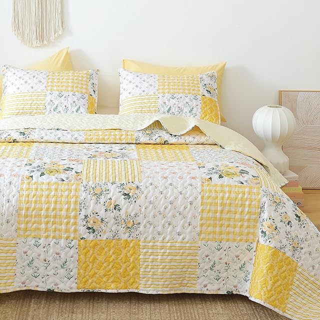 YIKUSH Quilt Sets Queen Size Floral 3 Pieces Yellow 90in.x 90in