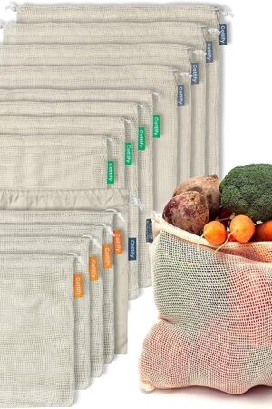 12+1 Reusable Produce Bags Grocery Washable, Organic Cotton Mesh Produce Bags, Double-Stitched & Tare Weigh, Mesh bags for vegetables, Cotton Produce Bags Reusable Washable, Produce bag 4xS, 4xM, 4xL