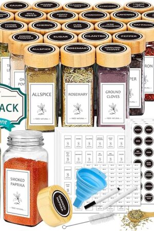Aliggbent Spice Jars with Lable, 36 Pcs 4 oz Glass Spice Jars with Bamboo Lids, Spice Containers Bottles, Glass Seasoning Jars with Shaker Lids, Collapsible Funnel, for Spice Racks, Pantry,Cupboard