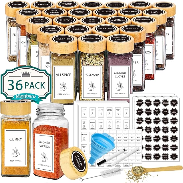 Aliggbent Spice Jars with Lable, 36 Pcs 4 oz Glass Spice Jars with Bamboo Lids, Spice Containers Bottles, Glass Seasoning Jars with Shaker Lids, Collapsible Funnel, for Spice Racks, Pantry,Cupboard