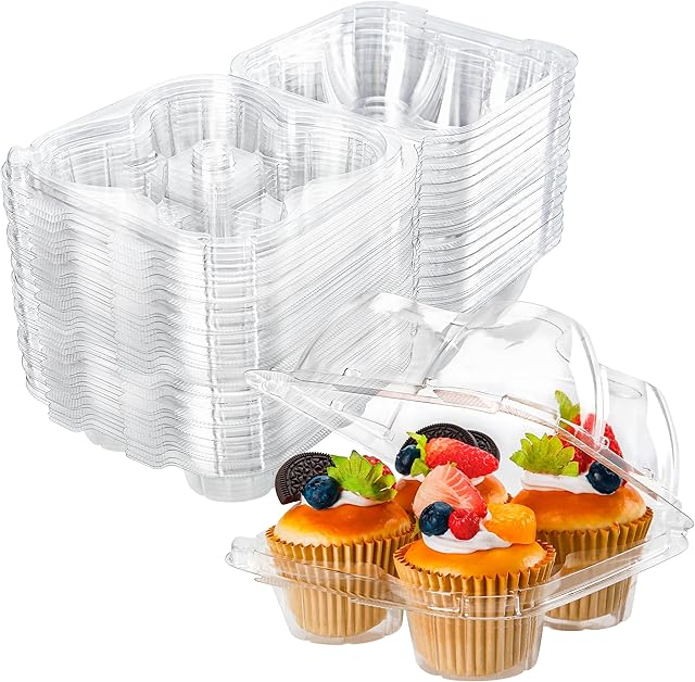 4 Compartment Cupcake Containers 20 Pack Cupcake Holder with Connected Airtight Lid Cupcake Boxes for 80 Cupcakes Muffins, BPA Free, Standard Size