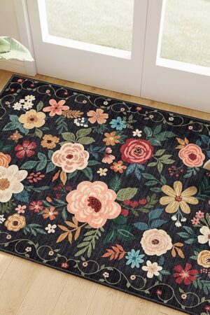 DUKINO 2x3 Rugs for Entryway, Floral Indoor Washable Door Mat, Non Slip Boho Small Rug for Kitchen, Soft Low Pile, Front Door Throw Rug for Entrance, Bedroom, Kitchen, Laundry, Bathroom, Black