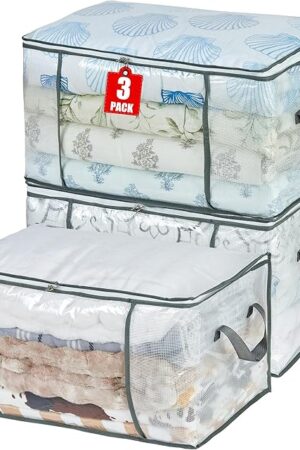 80L Clear Large Storage Bag, Clothes Storage Containers for Organizing Closet, Bedroom, Underbed, Comforters, Clothing, Blankets, Pillow, Foldable Organizer with Sturdy Handle and Zippers (3)