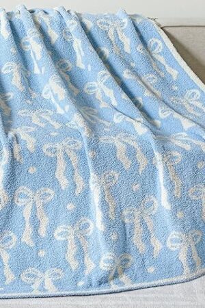 Buryeah Blue Bow Blanket Fall Soft Microfiber Bow Throw Blanket Coquette Aesthetic Preppy Bedding Stuff Plush Cute Dormitory Sofa Bed Room Decor Gifts for Autumn Thanksgiving Christmas, 50"x 60"
