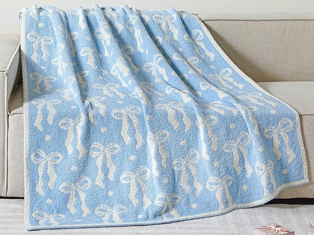 Buryeah Blue Bow Blanket Fall Soft Microfiber Bow Throw Blanket Coquette Aesthetic Preppy Bedding Stuff Plush Cute Dormitory Sofa Bed Room Decor Gifts for Autumn Thanksgiving Christmas, 50"x 60"