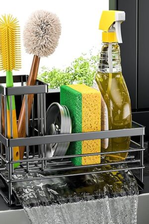 Cisily Sink Caddy Sponge Holder for Kitchen with Brush Holder and Stainless Steel Self Drain Tray, Rustproof Kitchen Sink Organizer for Sponge, Soap Dispenser Storage Accessories (Black)