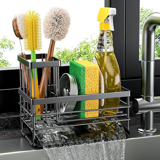 Cisily Sink Caddy Sponge Holder for Kitchen with Brush Holder and Stainless Steel Self Drain Tray, Rustproof Kitchen Sink Organizer for Sponge, Soap Dispenser Storage Accessories (Black)