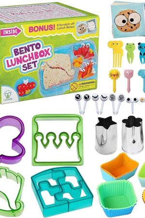 Complete Bento Lunch Box Supplies and Accessories For Kids - Sandwich Cutter and Bread Crust Remover - Mini Vegetable Fruit cookie cutters - Silicone Cup Dividers - Food Picks and FREE Lunch Notes