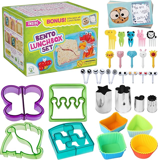 Complete Bento Lunch Box Supplies and Accessories For Kids - Sandwich Cutter and Bread Crust Remover - Mini Vegetable Fruit cookie cutters - Silicone Cup Dividers - Food Picks and FREE Lunch Notes