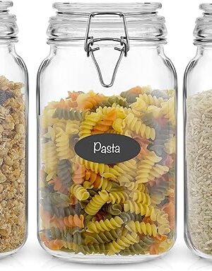 Airtight Glass Jars with Lids Set of 3. 50oz Glass Jar with Lid and 6 Silicone Seals! Med Glass Food Storage Containers. Square Mason Jar, Flour Jar, Candy or Cookie Jars for Kitchen Counter