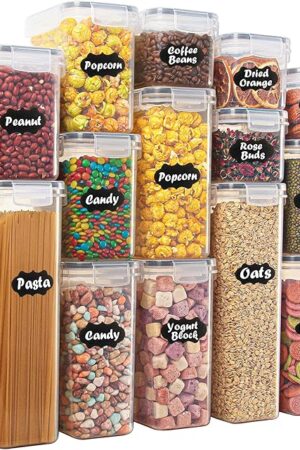 Airtight Food Storage Containers with Lids Set 14 Pack, Kitchen Pantry Organizers and Storage for Cereal Flour Sugar Pasta Snacks, Clear Plastic BPA Free Dry Food Canisters with 16 Labels & 5 Spoons