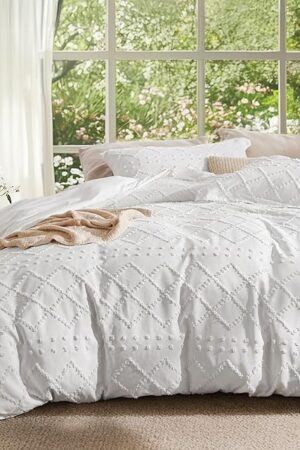 Bedsure Boho Duvet Cover Queen Size - White Breathable & Soft Boho Bedding, Machine Washable Comforter Cover for All Seasons, Includes 1 Duvet Cover 90"x90" with 2 Pillow Shams & Zipper Closure