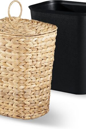 BLUEWEST 2.6 Gallon Wicker Trash Can with Lid, Handwoven Rattan Trash Can, Woven Decorative Wastebasket, Wicker Waste Basket with Removable Plastic Inner Bin for Bathroom, Bedroom, Office, or Kitchen