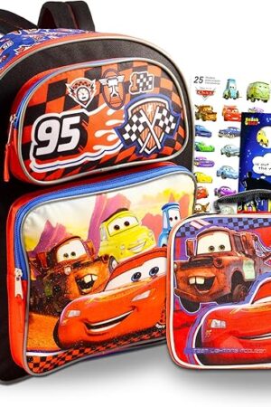 Disney Cars Backpack with Lunch Box Set - Bundle with 16? Lightning McQueen Backpack, Lunch Bag, Stickers, More | Disney Cars School Supplies
