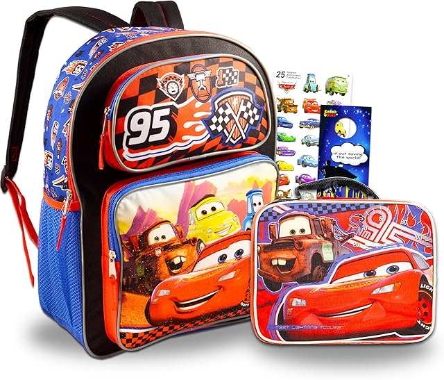 Disney Cars Backpack with Lunch Box Set - Bundle with 16? Lightning McQueen Backpack, Lunch Bag, Stickers, More | Disney Cars School Supplies