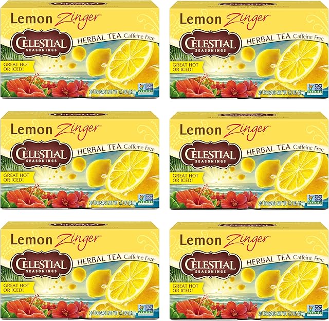 Celestial Seasonings Lemon Zinger Herbal Tea, Caffeine Free, 20 Tea Bags Box, (Pack of 6)