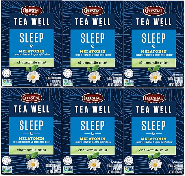 Celestial Seasonings TeaWell Herbal Tea, Sleep with Melatonin, Chamomile Mint, Caffeine Free Wellness Tea, 12 Tea Bags (Pack of 6)