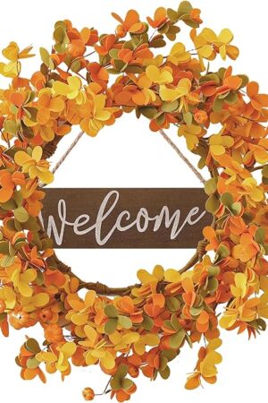 VioletEverGarden Fall Wreaths for Front Door 20 Inch Autumn Wreath Artificial Thanksgiving Wreath with Welcome Wooden Brand and Pumpkins for Indoor & Outdoor Farmhouse Harvest Celebration