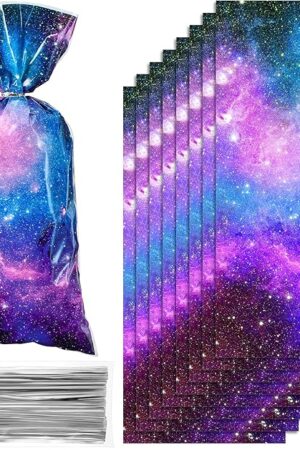 Clabby 100 Pcs Outer Space Cellophane Bags Galaxy Party Favor Candy Gift Bags Goodie Popcorn Treat Solar System Planet Present Wrapping for Birthday Space Party Supplies