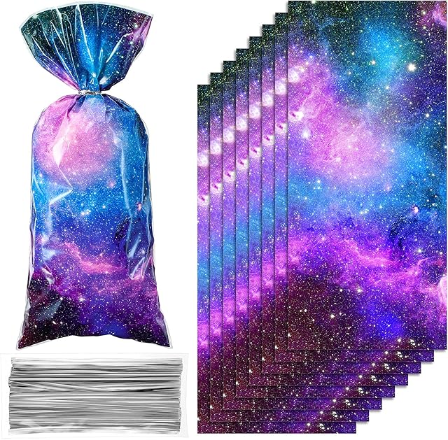 Clabby 100 Pcs Outer Space Cellophane Bags Galaxy Party Favor Candy Gift Bags Goodie Popcorn Treat Solar System Planet Present Wrapping for Birthday Space Party Supplies