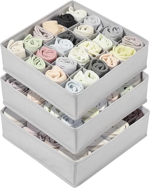 Vtopmart 3 Pack 24+24+16 Cells Socks Drawer Organizers Set, 64 Cells Clothes Drawer Dividers Dresser Organizers Bins, Scarves, Ties, Non-Woven Fabric Storage Boxes for Closet, Nursery