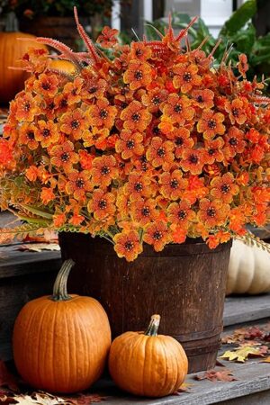 Artificial Fall Flowers for Outdoors Fake Mums - 16 Bundles Faux Fall Decor Plants No Fade Shrubs (16, OrangeGreenGrass)