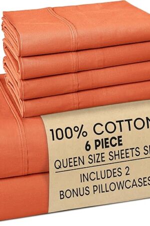 Casa Platino 100% Cotton Sheets Queen Size Set - 6 Pieces (1 Flat, 1 Fitted, 4 Pillowcases) - Soft, Breathable & Cooling Percale Bed Sheets with 15" Deep Pockets - Durable Queen Sheet Set - Rust