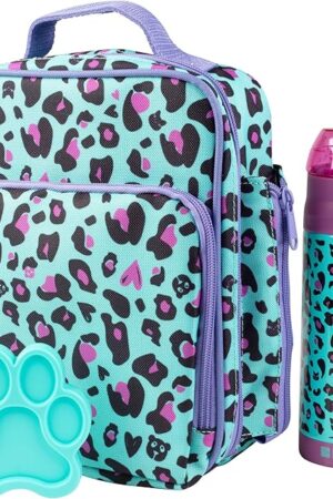 Bentology Kids Lunch Bag Set w Matching Reusable Water Bottle & Hard Ice Pack- Blue Purple Cheetah Cat- Insulated Tote, Stainless Steel Insulated Thermos, Hard Ice Pack- Back to School Lunchbox Kits