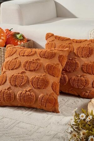 Volcanics Pumpkin Fall Throw Pillow Covers 20x20 Set of 2, Rust Decorative Faux Fur Cushion Covers, Fluffy Plush Accent Pillowcases for Autumn Harvest Farmhouse Couch Decor